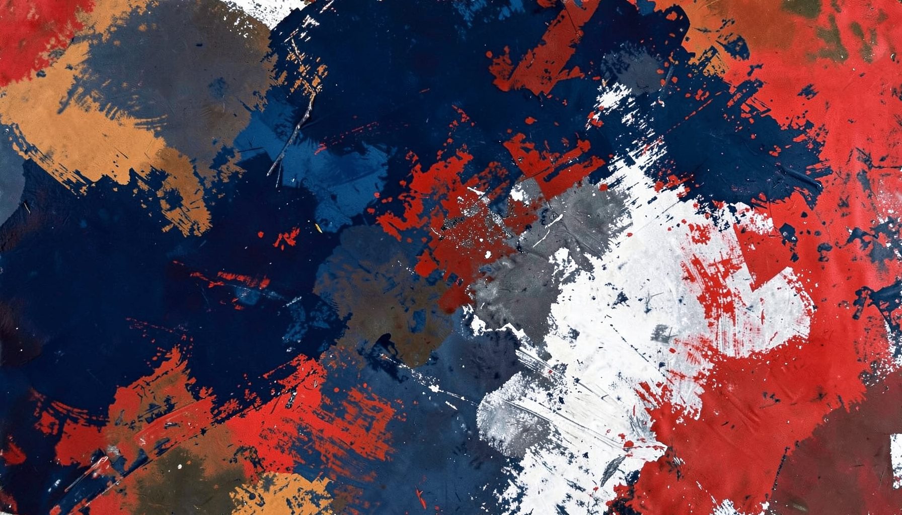 Un dipinto astratto contemporaneo con pennellate decise nei toni del blu profondo, ocra e bianco sporco, reso in duotono.