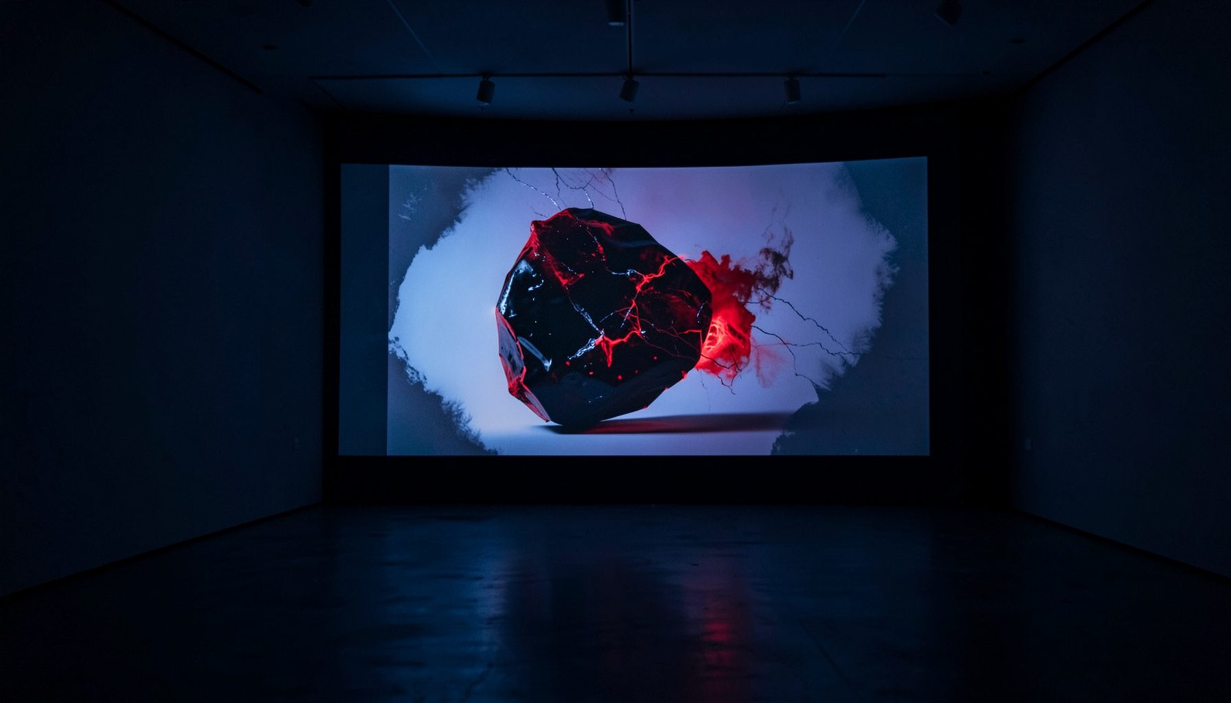 Una sala espositiva in penombra con un grande schermo che proietta un'opera d'arte contemporanea, dominata da toni blu profondi e tocchi di rosso acceso.