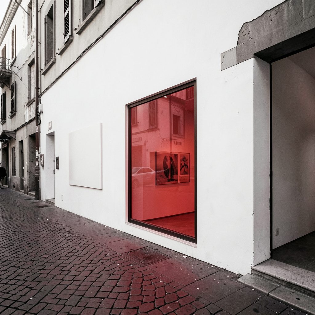 Ingresso discreto di una galleria d'arte contemporanea con pareti bianche e una grande vetrina che riflette la luce del giorno, in una strada tranquilla di una città italiana.