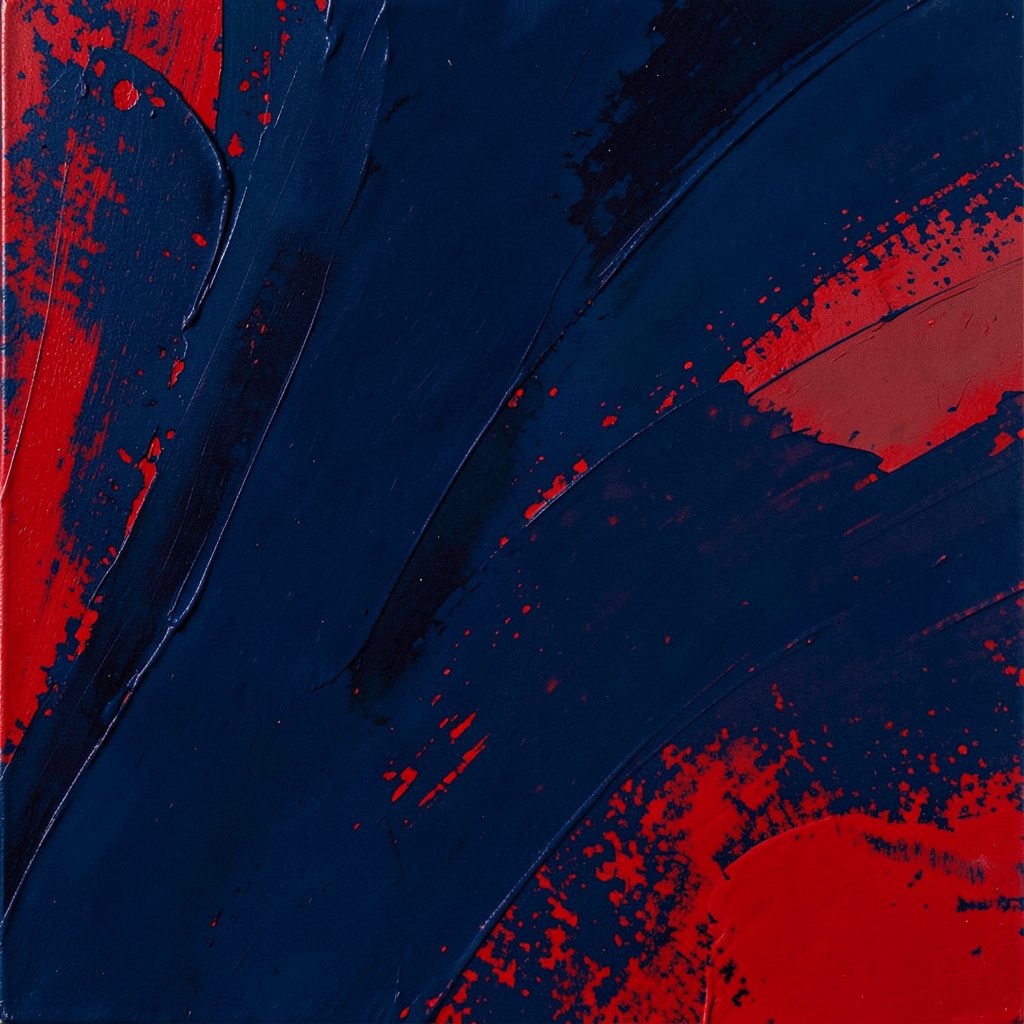 Dettaglio di una tela astratta contemporanea con pennellate decise nei toni del blu profondo e tocchi di rosso, in duotone.